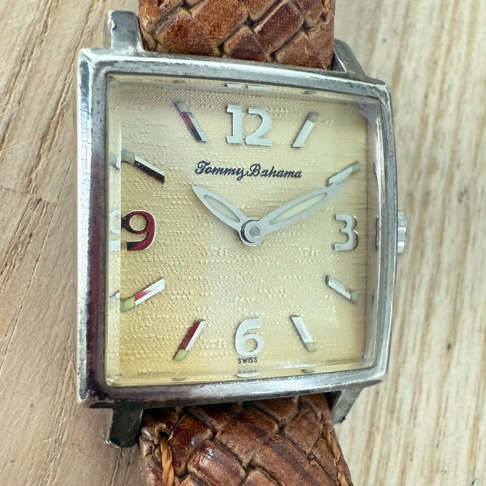 Tommy Bahama ladies square 925 silver brown leather Swiss watch NEW BATTERY